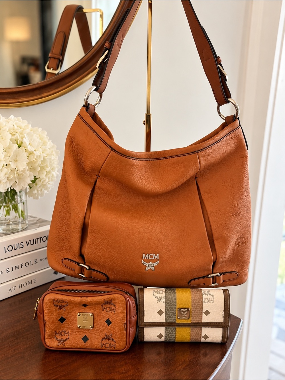 MCM Tan/Cognac Leather Shoulder Bag + Wallet + Pouch BUNDLE